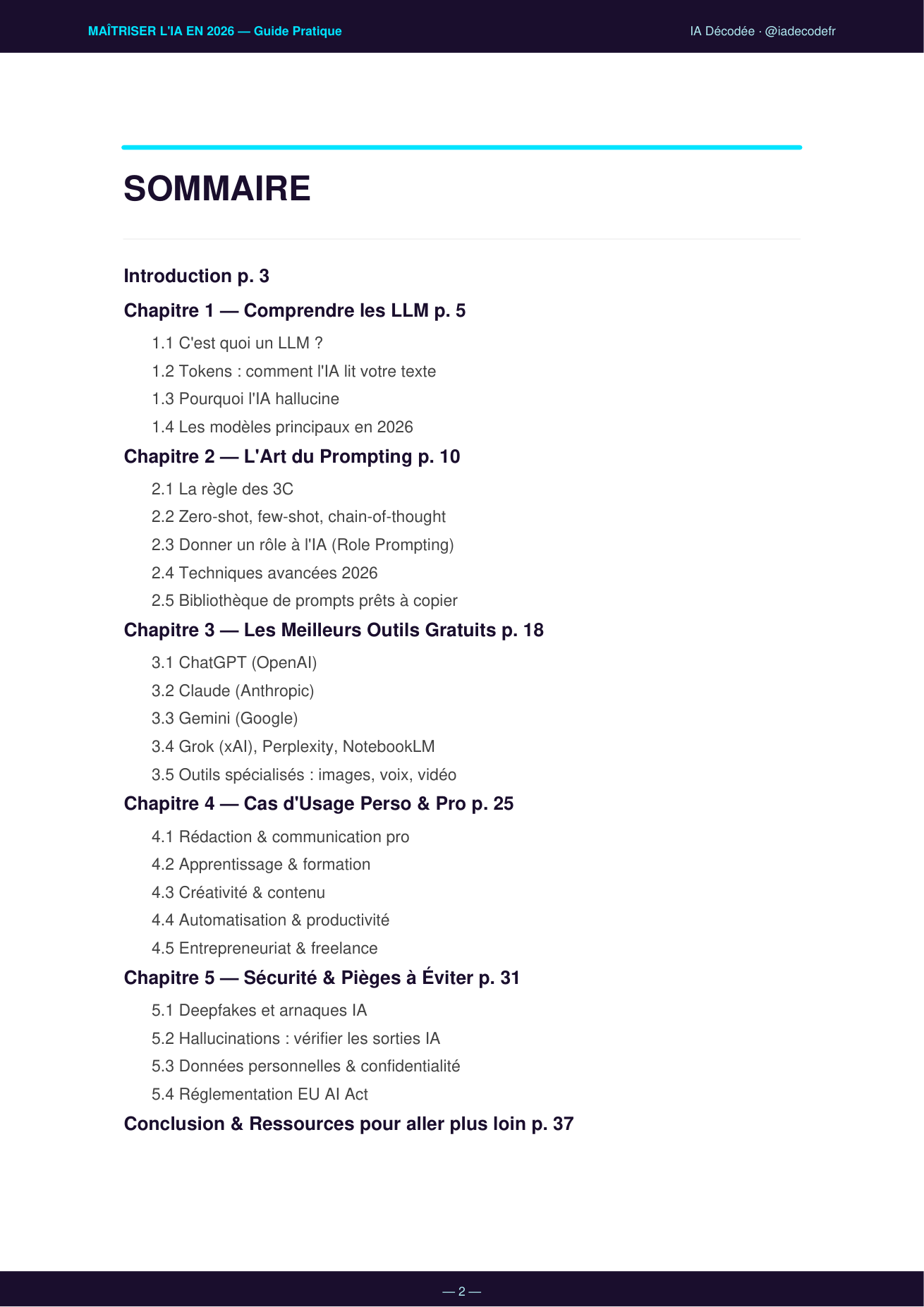 Sommaire du guide : 5 chapitres et 3 bonus