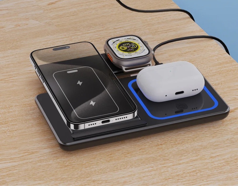 Chargeur sans fil 3-en-1 TechNova &mdash; charge iPhone, Apple Watch et AirPods simultan&eacute;ment, design pliable